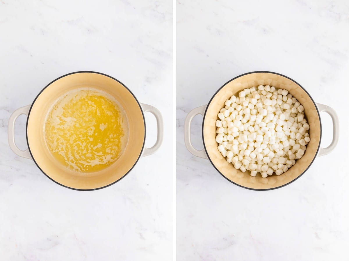 Melting butter in a large pot and adding in mini marshmallows.