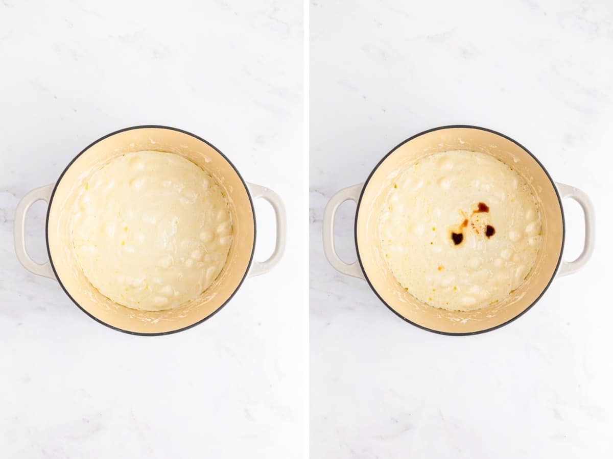 Adding vanilla and salt to melted marshmallows in a pot.