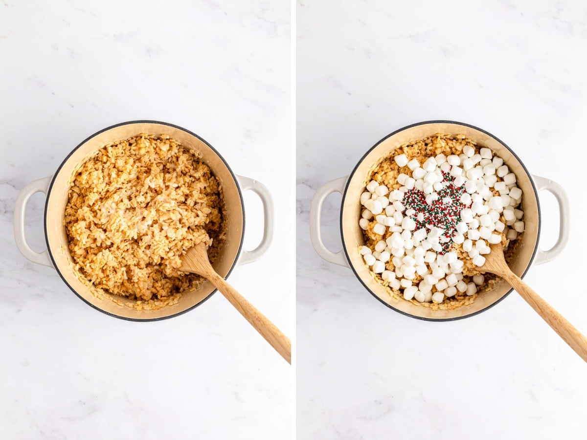 Adding rice krispie cereal to the pot, stirring and then adding mini marshmallows and nonpareils.