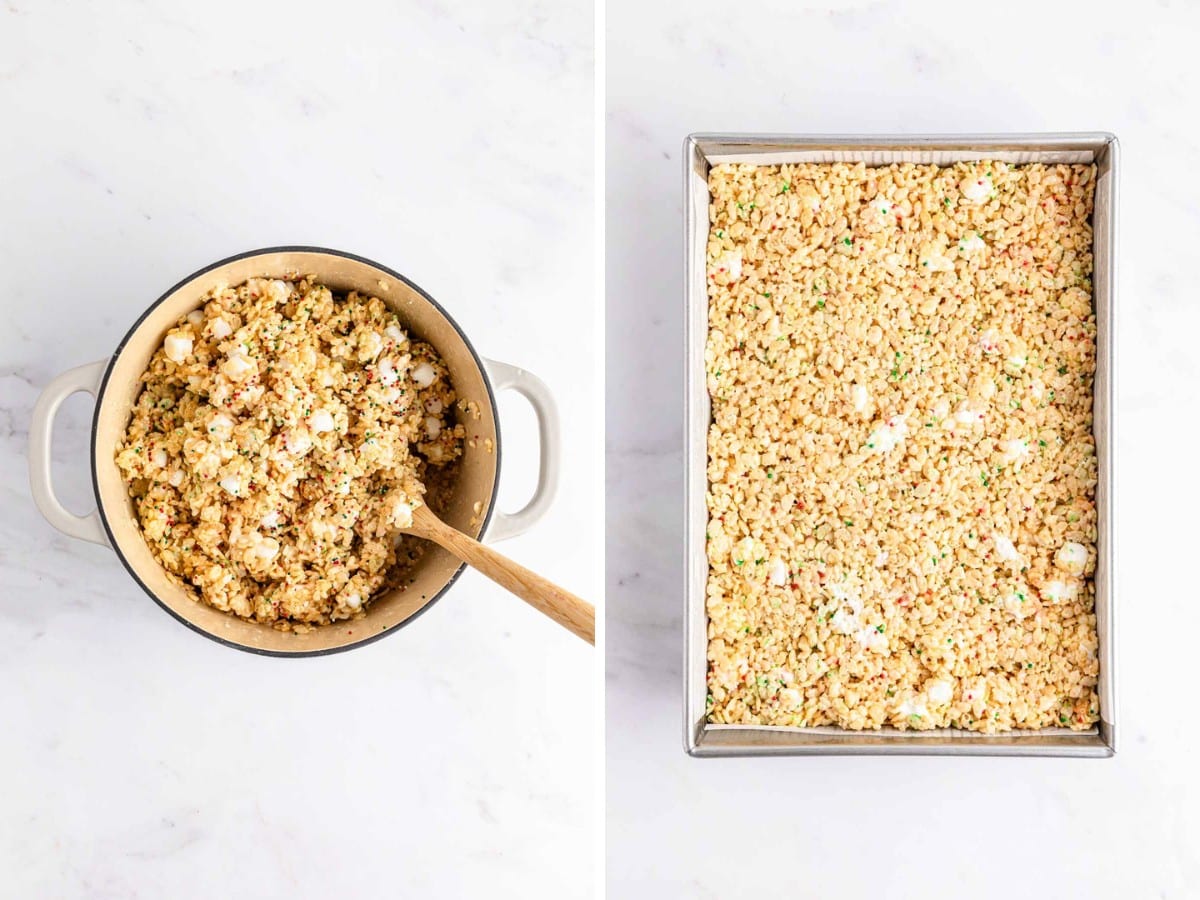 Adding rice krispie mixture to a parchment lined 9 X 13 pan to set