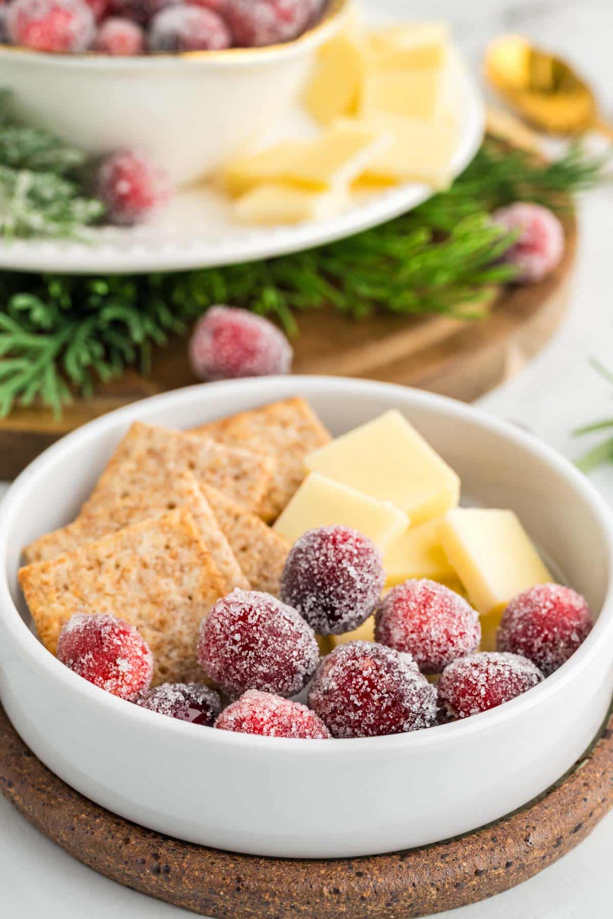 A white appetizer bowl with sugared cranberries, white cheddar, and wheat crackers.