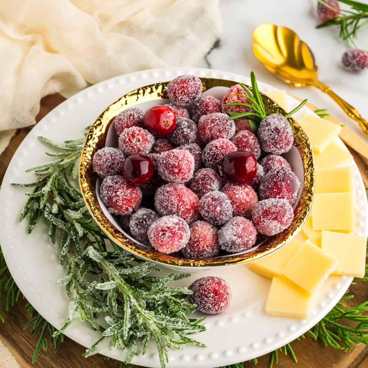 Homemade sugared cranberries served in a gold rimmed bowl with sliced white cheddar cheese and garnished with sugared rosemary.