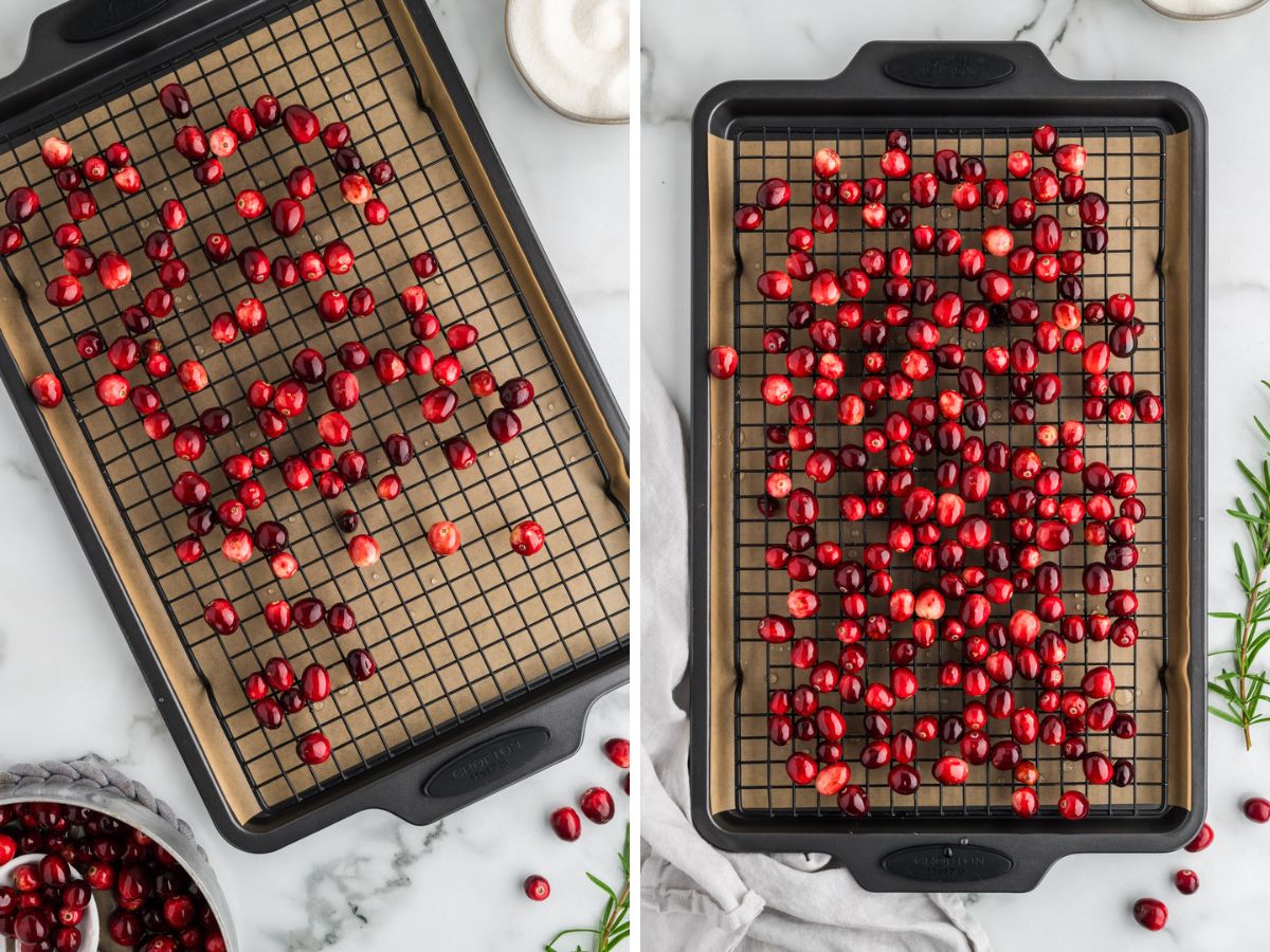 Simple Syrup coated cranberries drying on a wire rack with parchment underneath to catch drips.