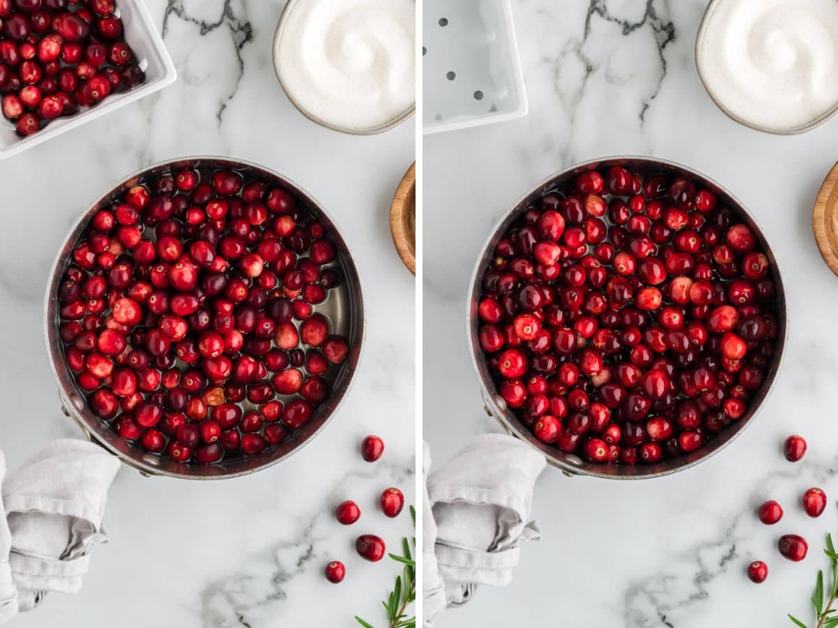 Cranberries added to simple syrup and then stirred to coat.