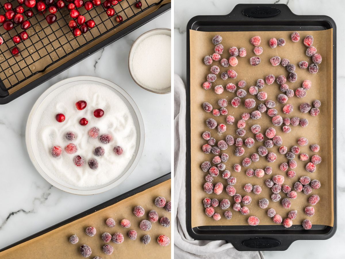 Sticky cranberries added to granulated sugar and then moved to a parchment line baking sheet to set.
