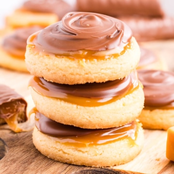 A stack 3 high of cookie with easy Twix Cookies.