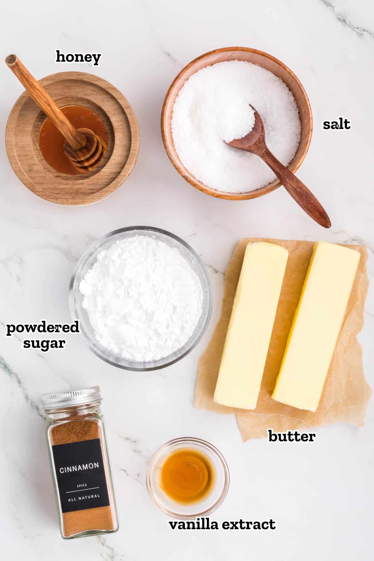 A labeled image of ingredients needed to make cinnamon honey butter.