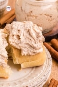 Image only pin of the cinnamon butter on a yeast roll.