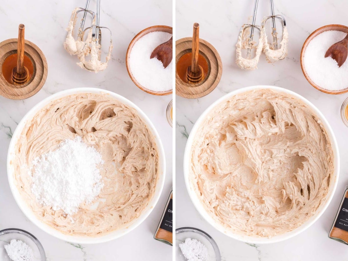 Adding powdered sugar to whipped butter until combined.