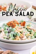 Classic Pea Salad in a stack of white bowls.