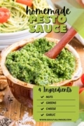 Homemade pesto in a brown bowl with Pinterest graphic listing 4 ingredients needed for recipe.