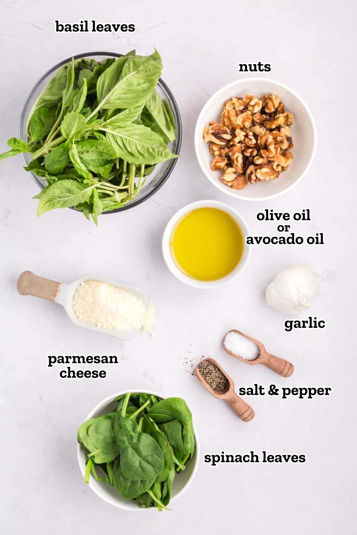 Labeled image of ingredients needed for homemade pesto sauce.