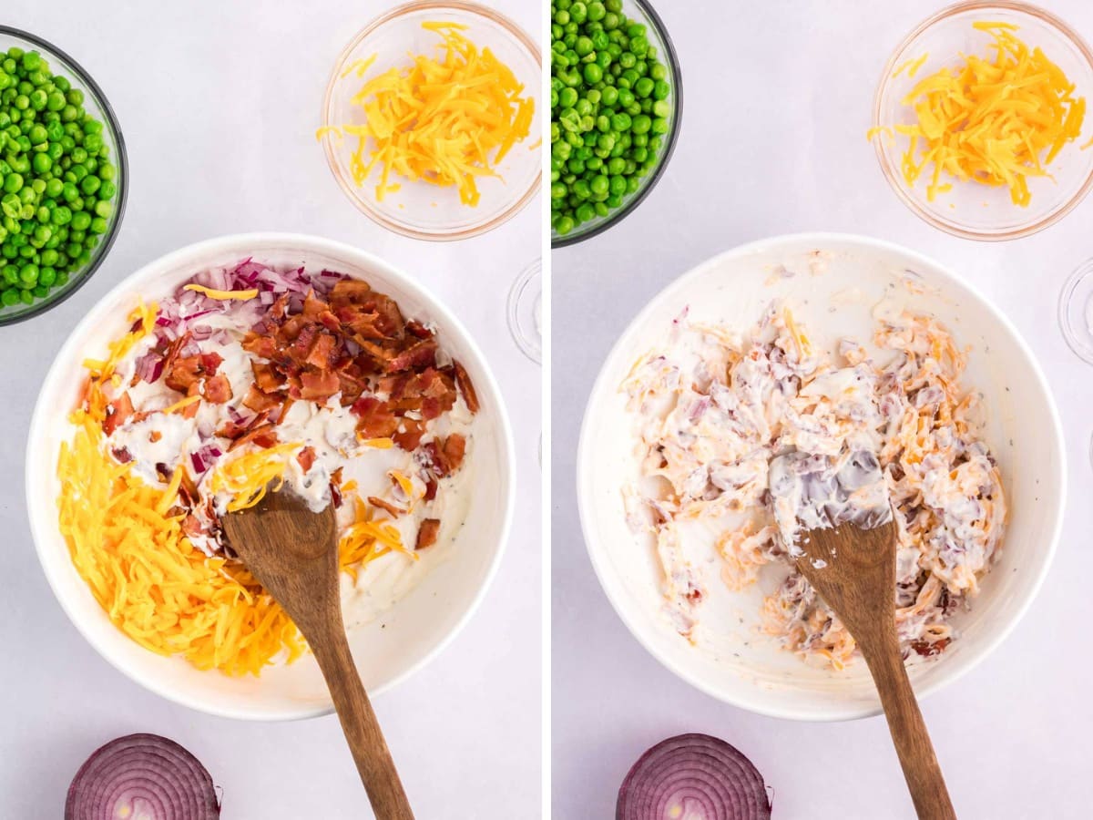 Adding cheese, bacon, and onion to the bowl of dressing and combining.