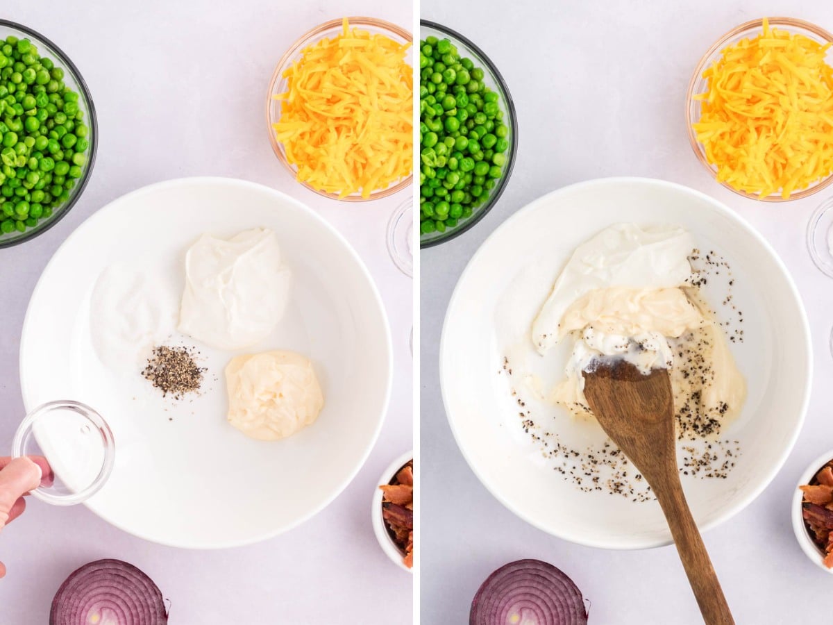 Dressing ingredients for pea salad added to a white bowl and then stirred together.