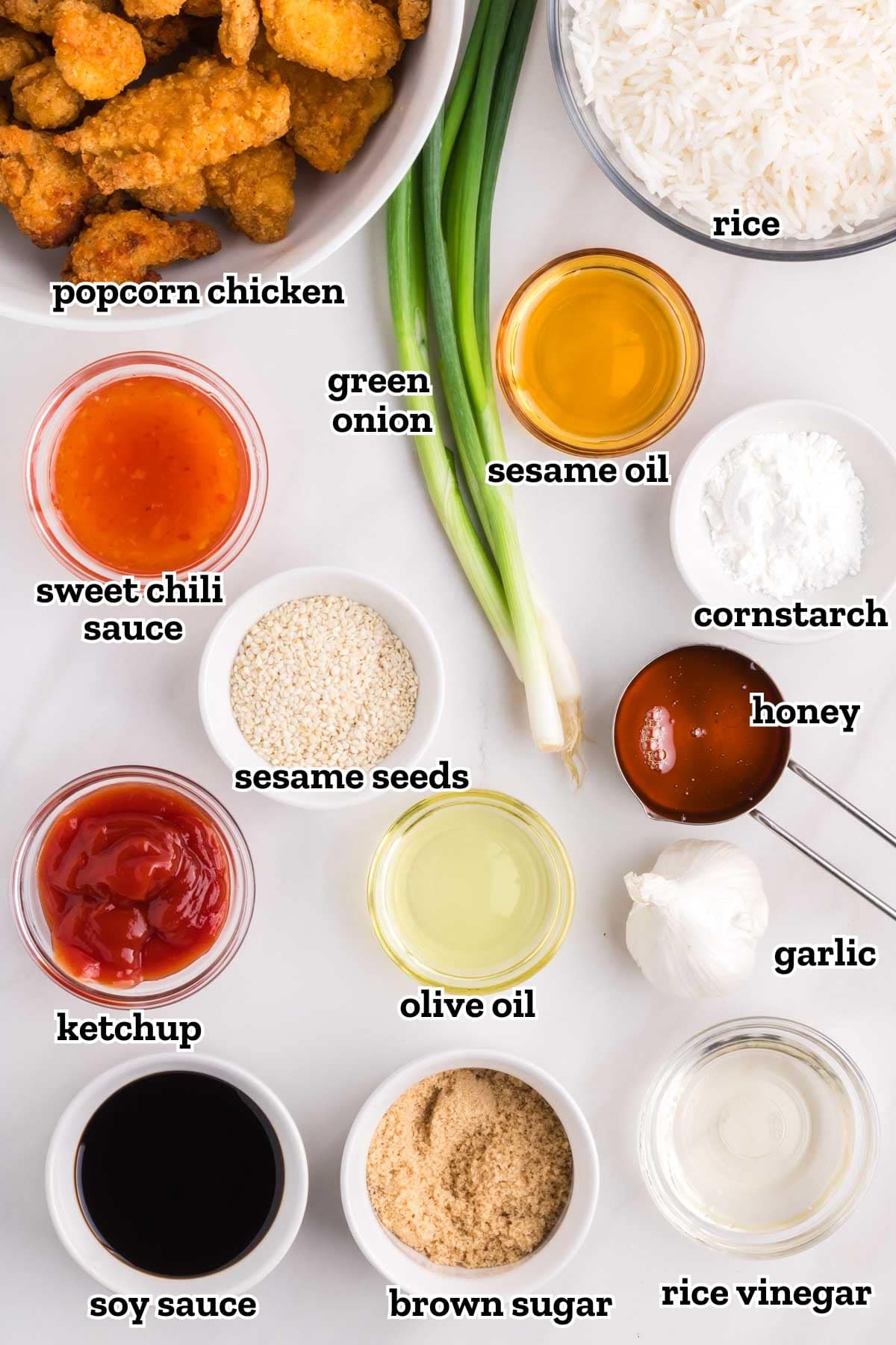 Labeled ingredients needed to make easy sesame chicken.