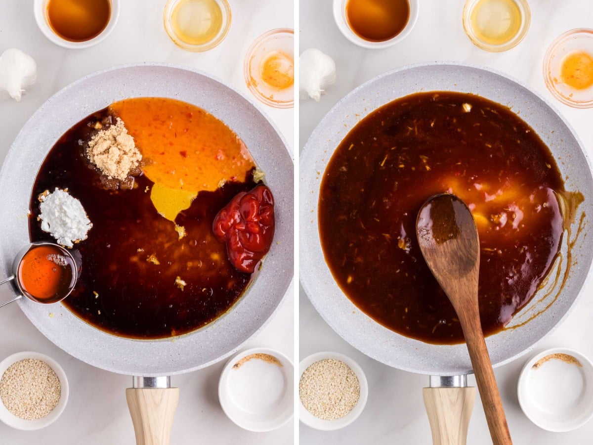 Adding ingredients for sesame chicken sauce to a sauce pan and stirring to combine and cook.