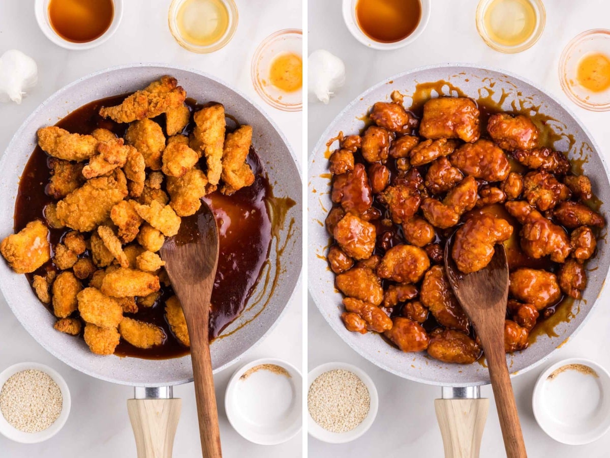 Adding cooked chicken to sesame chicken sauce and tossing to coat.