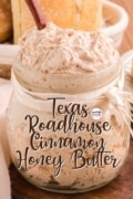 Pin 2 of Cinnamon Honey butter recipe is a close up of the side of a jar full.