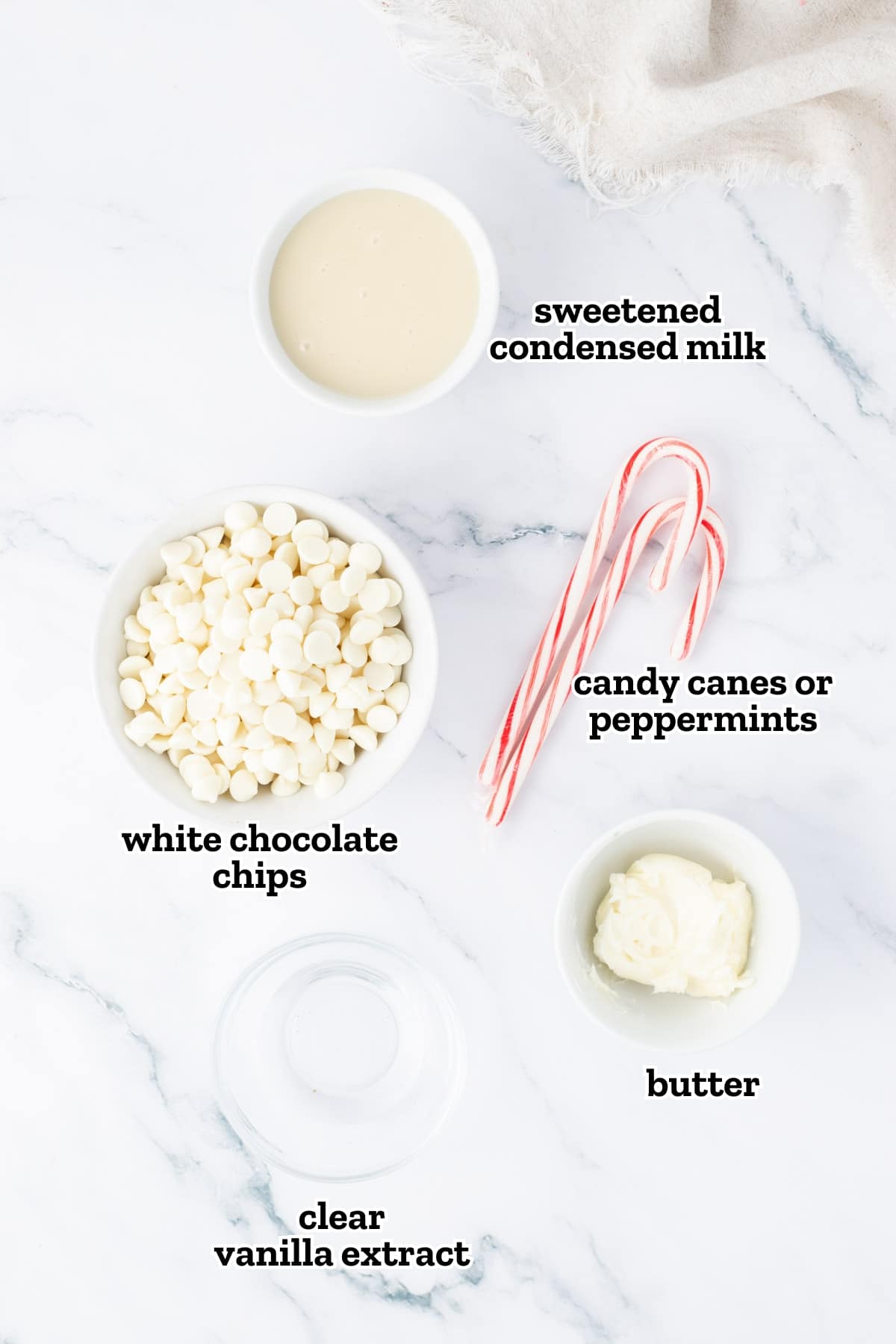 Labeled ingredients needed to make peppermint fudge with sweetened condensed milk.