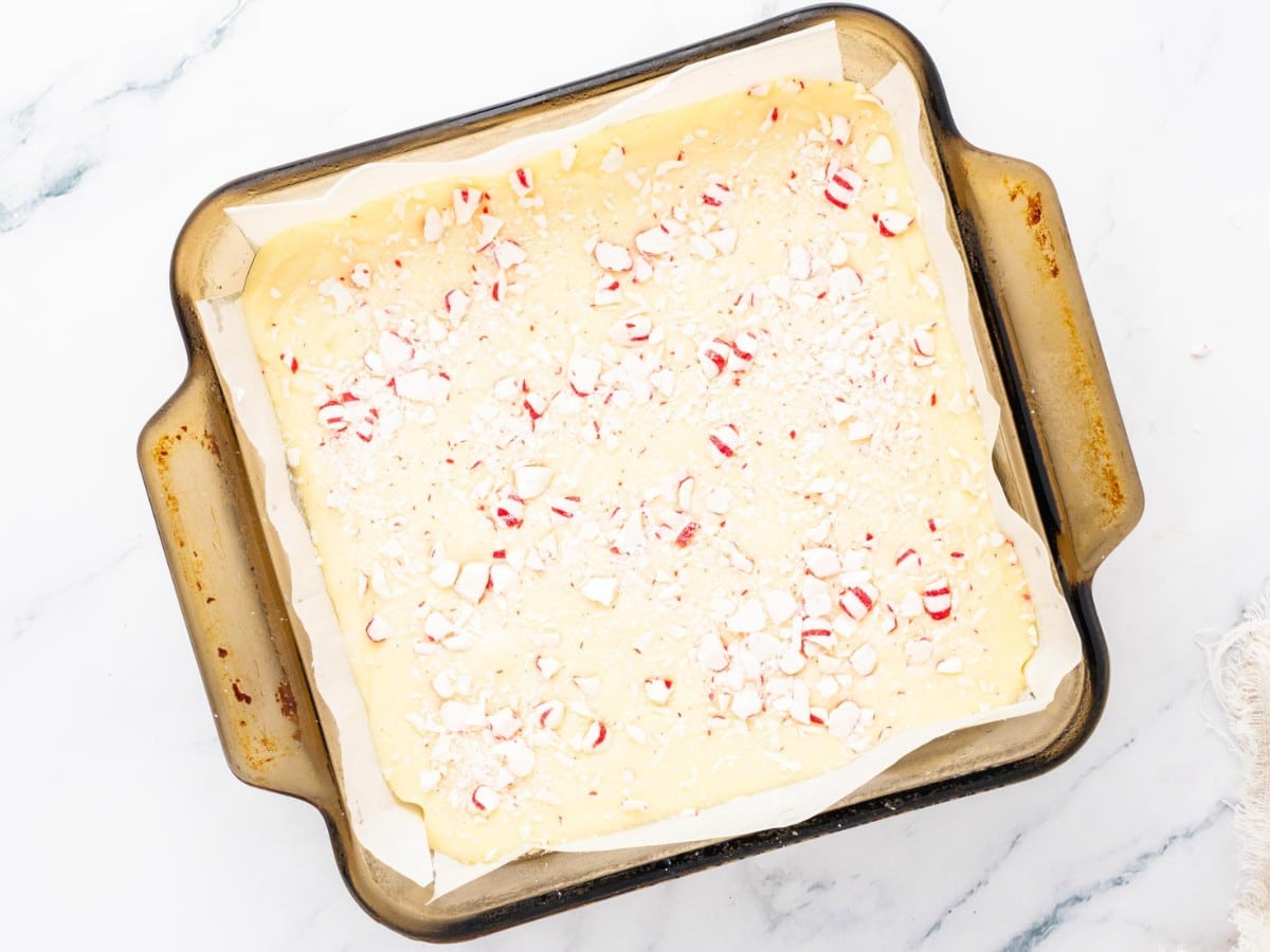 Crushed peppermints add to the smoothed white chocolate layer