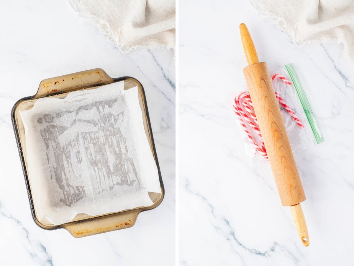 Preparing a baking dish with parchment paper and then crushing candy canes with a rolling pin.
