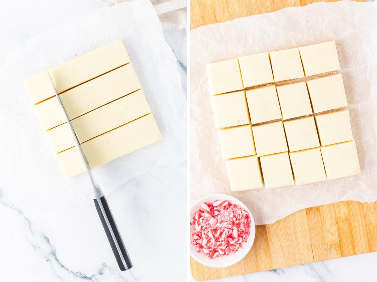 Candy cane fudge lifted from the baking dish, turned over, and placed on a smooth surface and cut into squares.