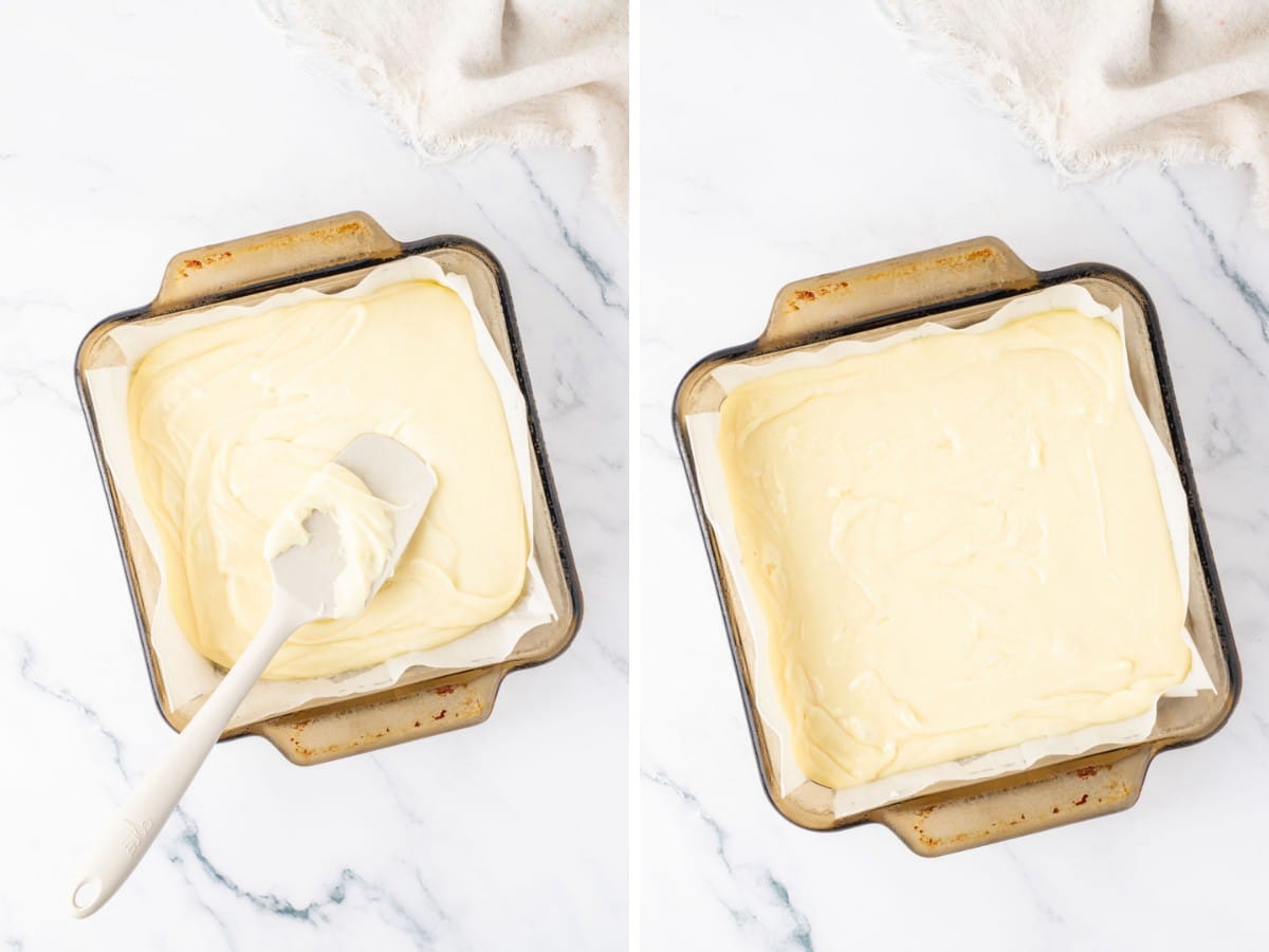 Melted white chocolate being added to baking dish and smoothed out evenly.