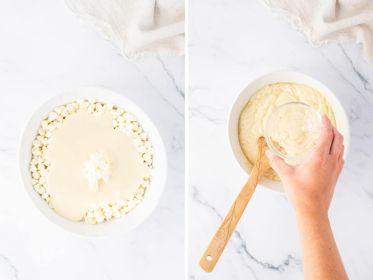 A bowl of white chocolate morsels with butter and then melted with clear vanilla added to combine. 