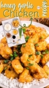 A closeup of a bowl of honey garlic chicken over rice is featured with a smaller image of the ingredients for the recipe.