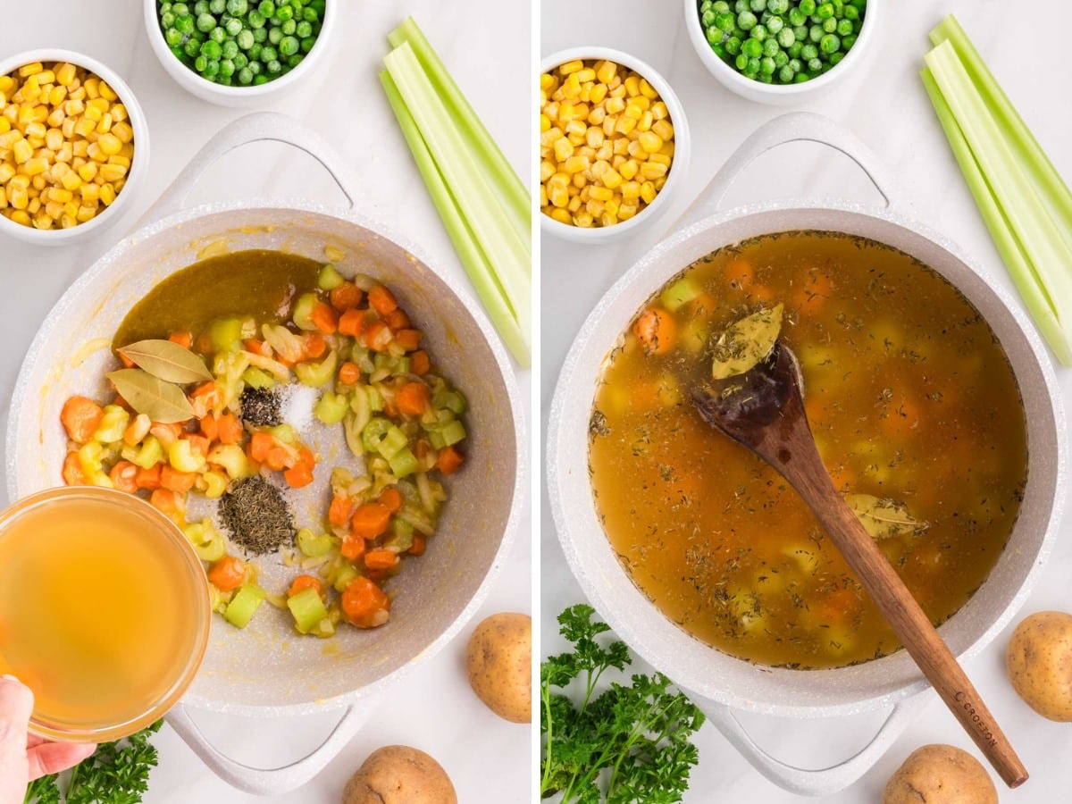 Adding chicken broth to pot.