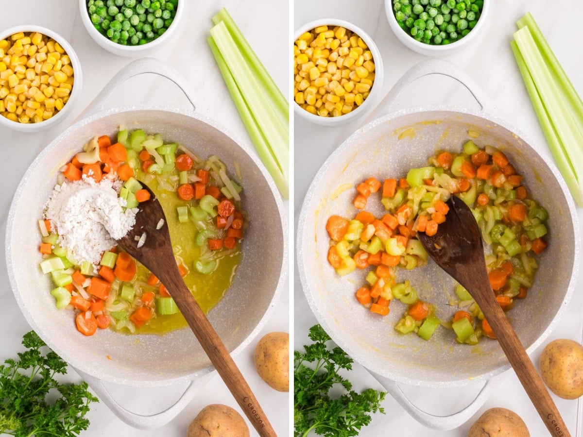 Add flour to pot with vegetables and cook.