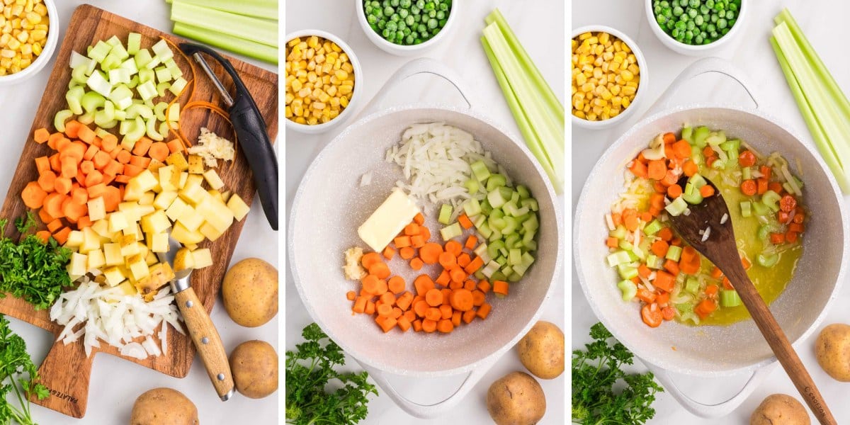 Cutting veggies on a wooden cutting board and adding them into a pot with butter.