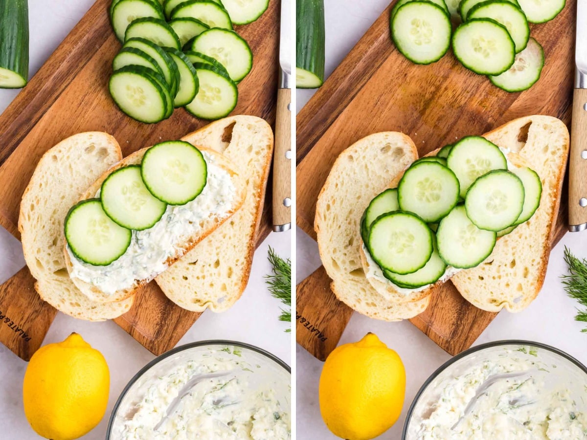 Adding sliced cucumbers to sandwich.