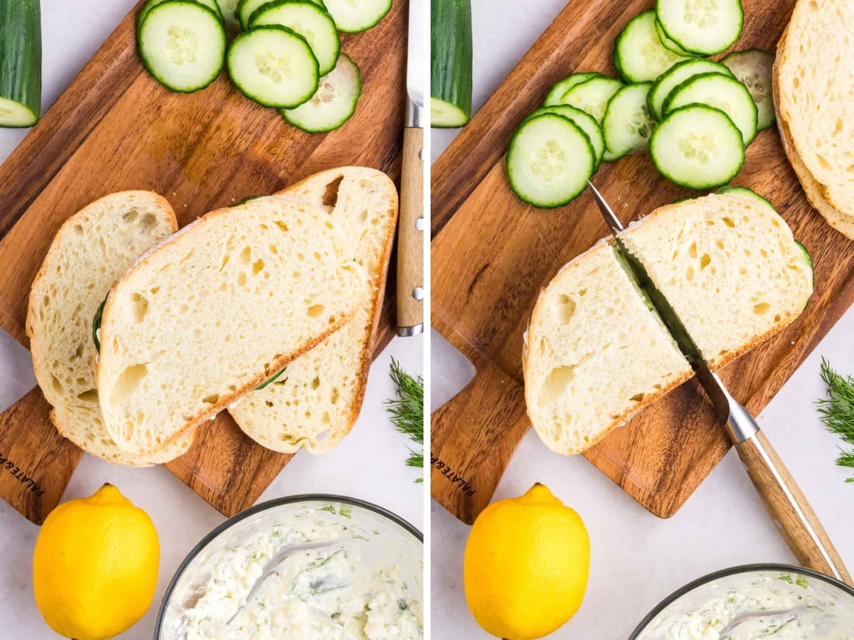 Sandwich place on a cutting board and then cutting it in half with a knife.