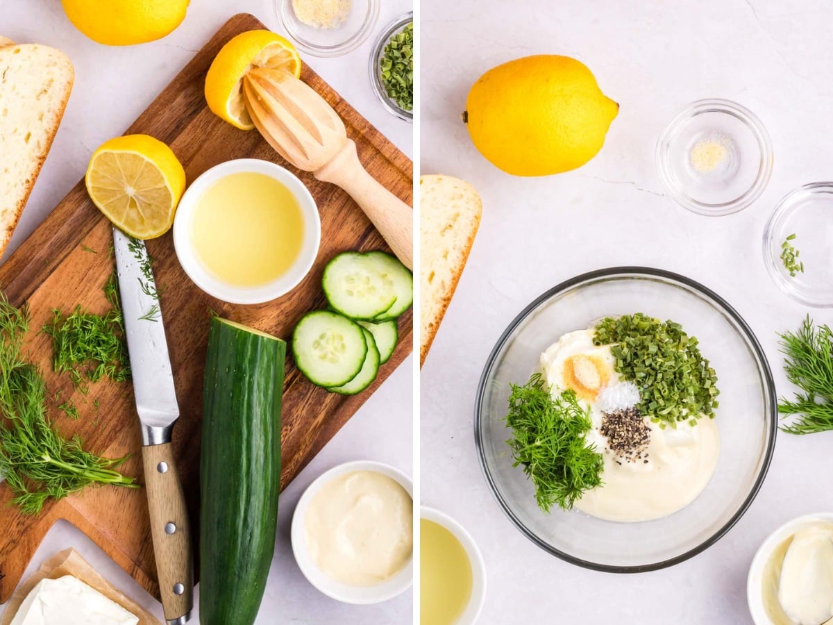 Cutting cucumbers and herbs and then placing ingredients in bowl for cream cheese mixture.