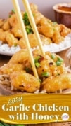 Metallic gold swipe on an image of the easy Garlic Chicken Recipe with chopsticks grabbing a bite.