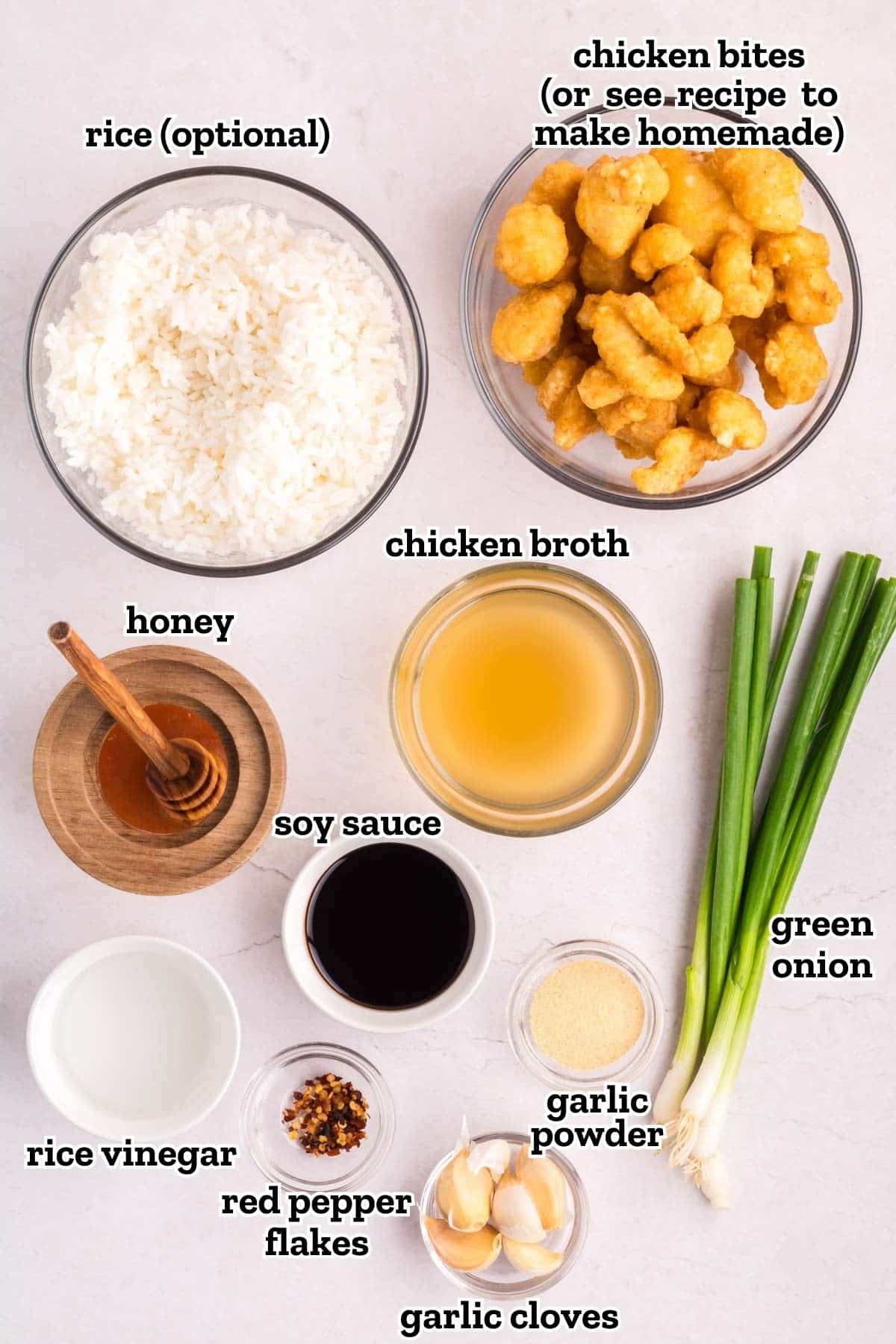Labeled ingredients needed to make honey garlic chicken.