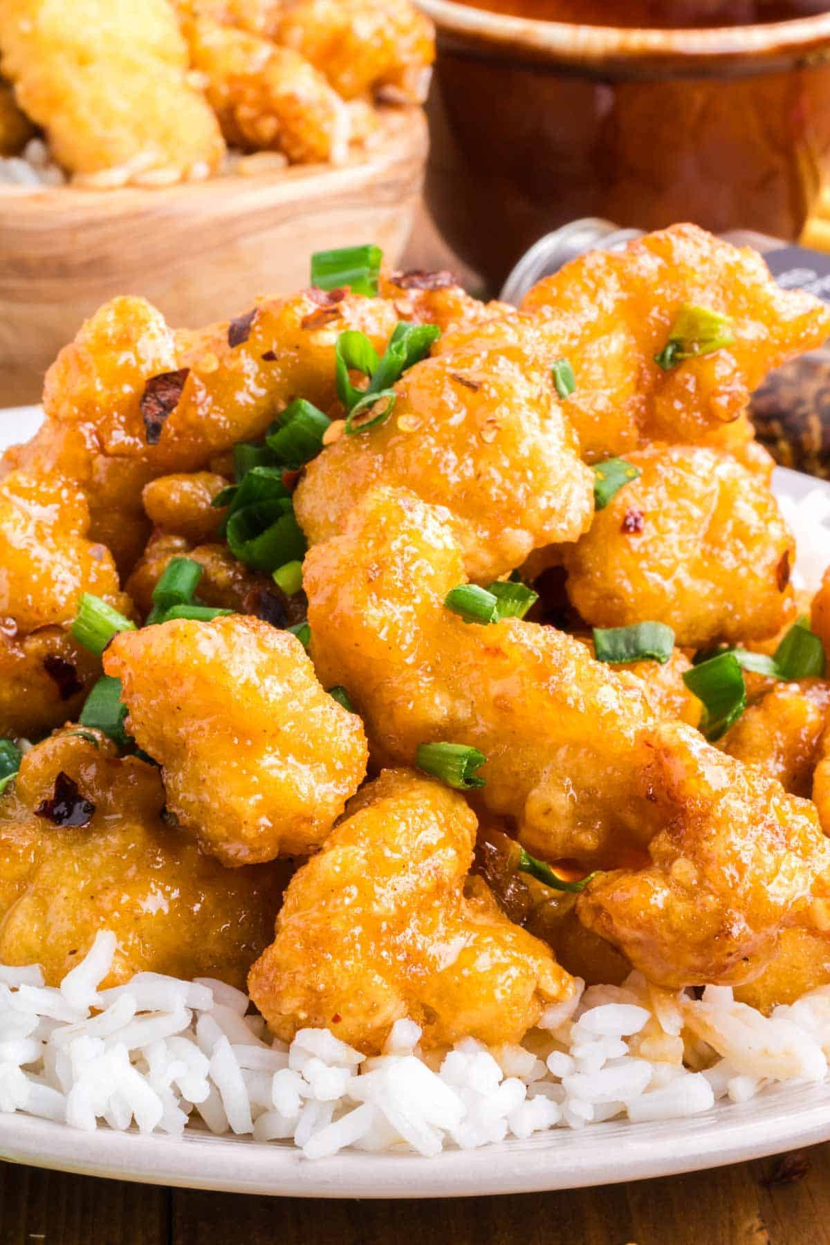 Crispy honey garlic chicken served over a bed of rice.