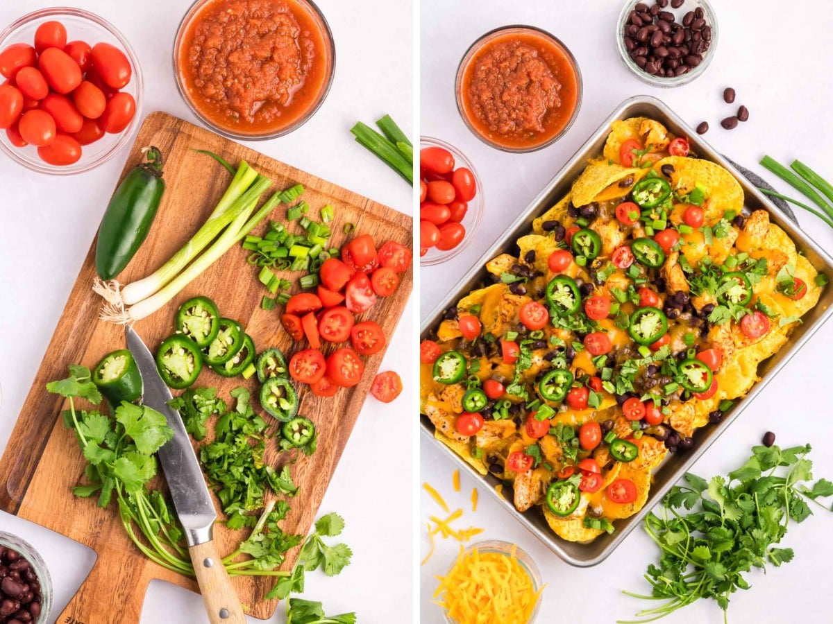 Chopped nacho toppings on a cutting board and then added to baked nachos.