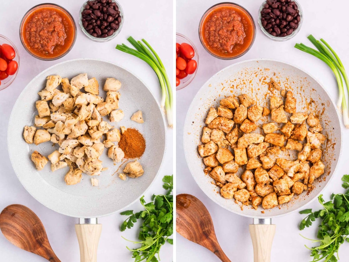 A pan with chicken, taco seasoning and water; stirred together to heat and combine.