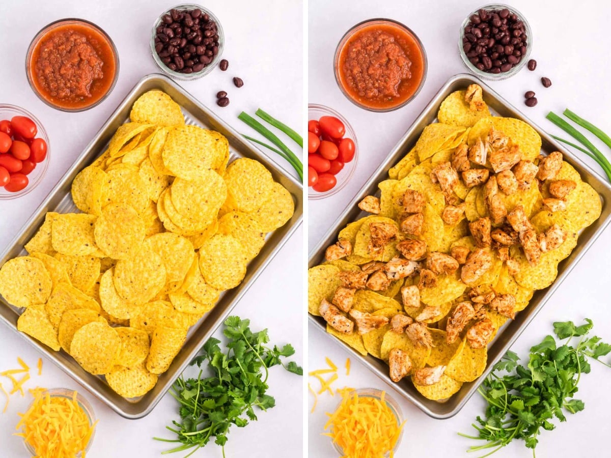 Layer tortilla chips on a sheet pan and then top with chicken.