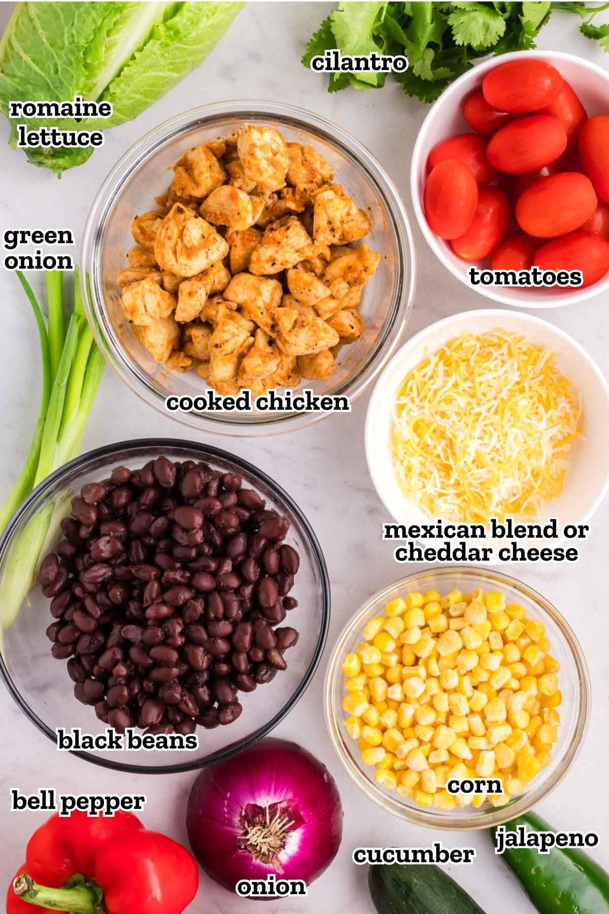 Labeled ingredients needed to make Tex-Mex chicken chopped salad.