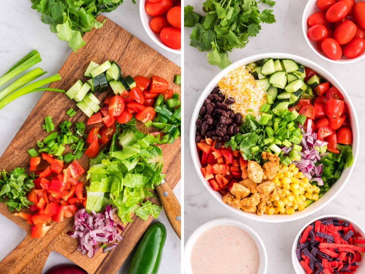 Salad veggies chopped on a cutting board and then added to a serving bowl.