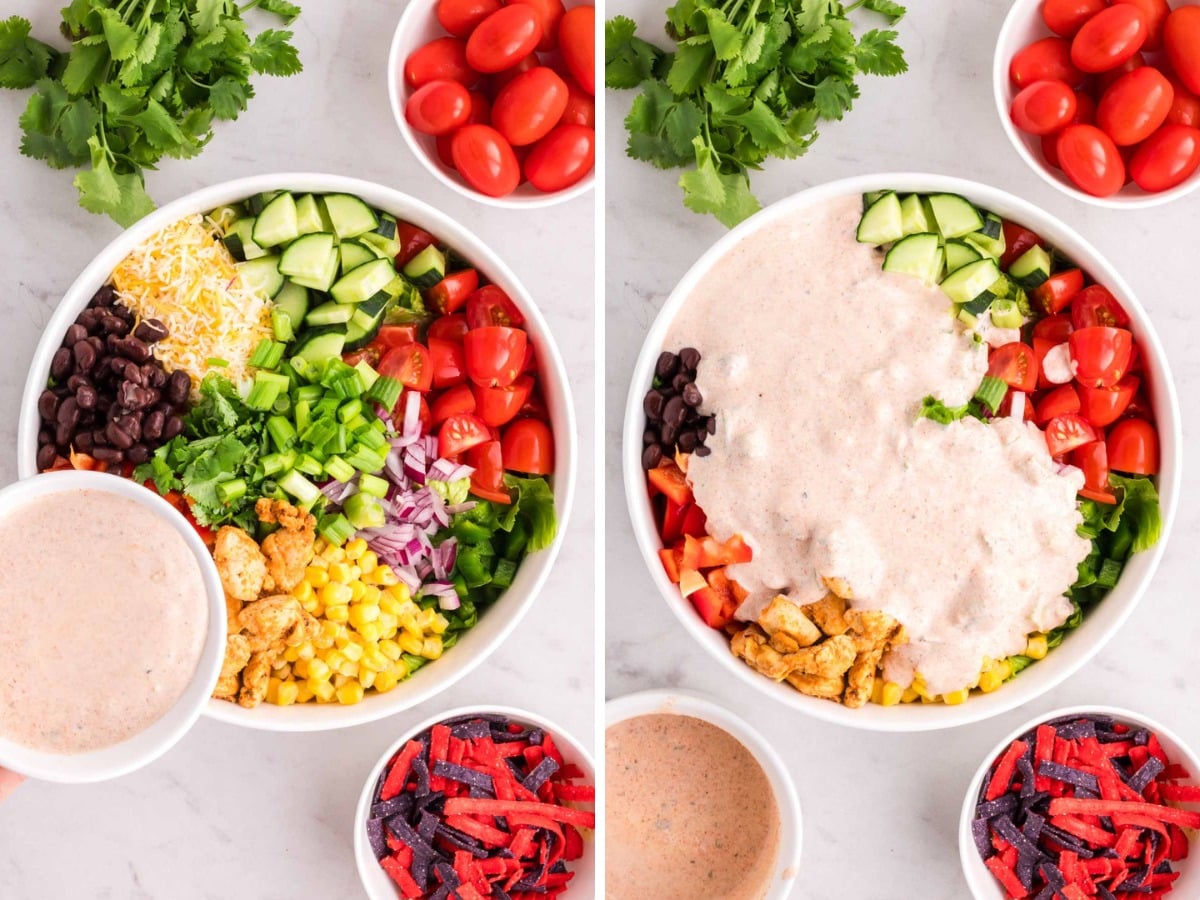 Pouring dressing onto chopped salad.