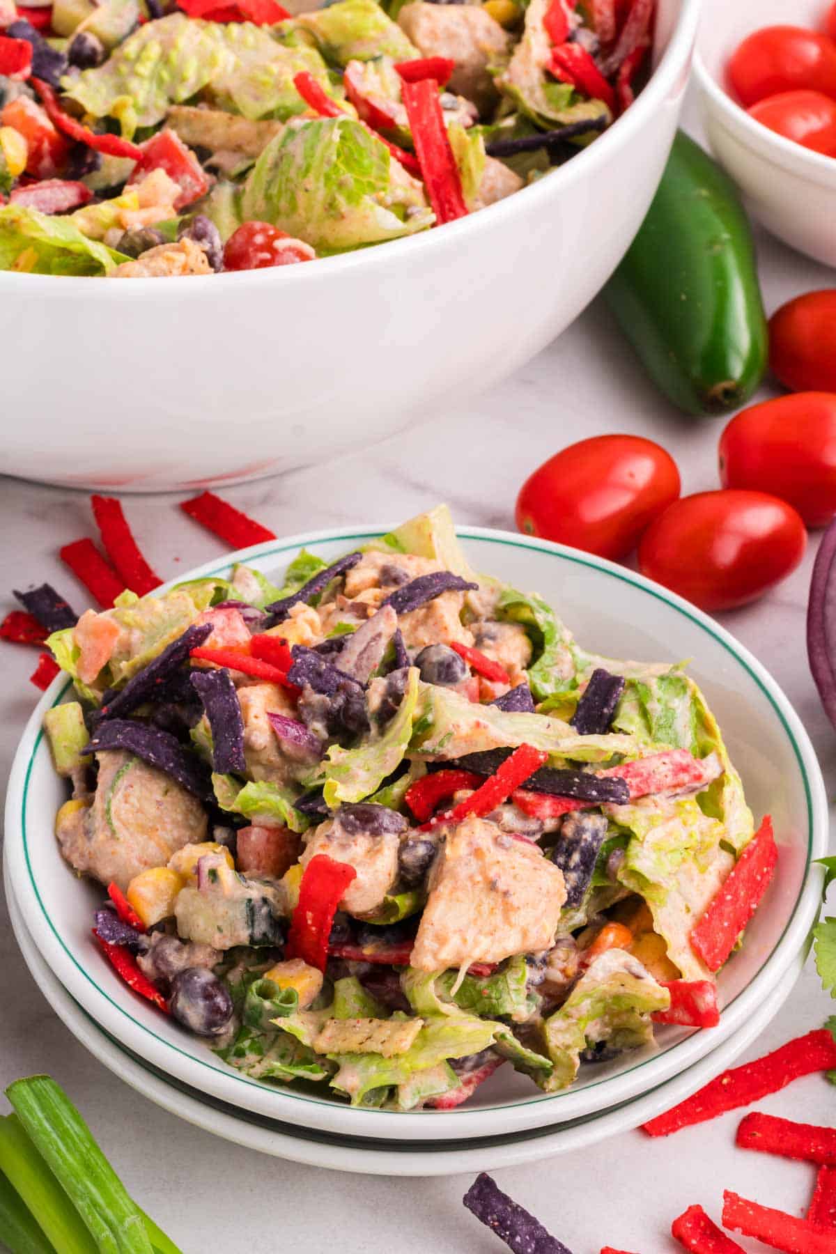 A salad bowl filled with a serving of Tex-Mex chopped salad.