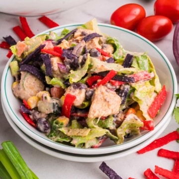 A salad bowl filled with a serving of Tex-Mex chopped salad.