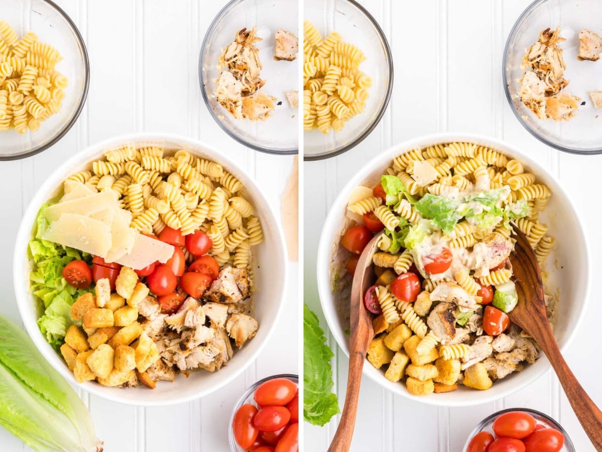 A white bowl filled with ingredients for caesar pasta salad and then mixing in the dressing.