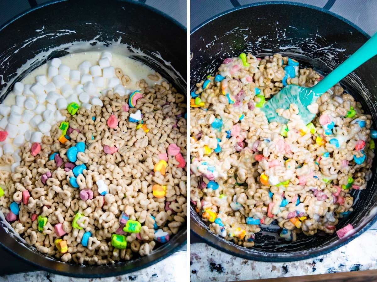Adding lucky charms cereal and mini marshmallows to melted marshmallow mixture and stirring together.