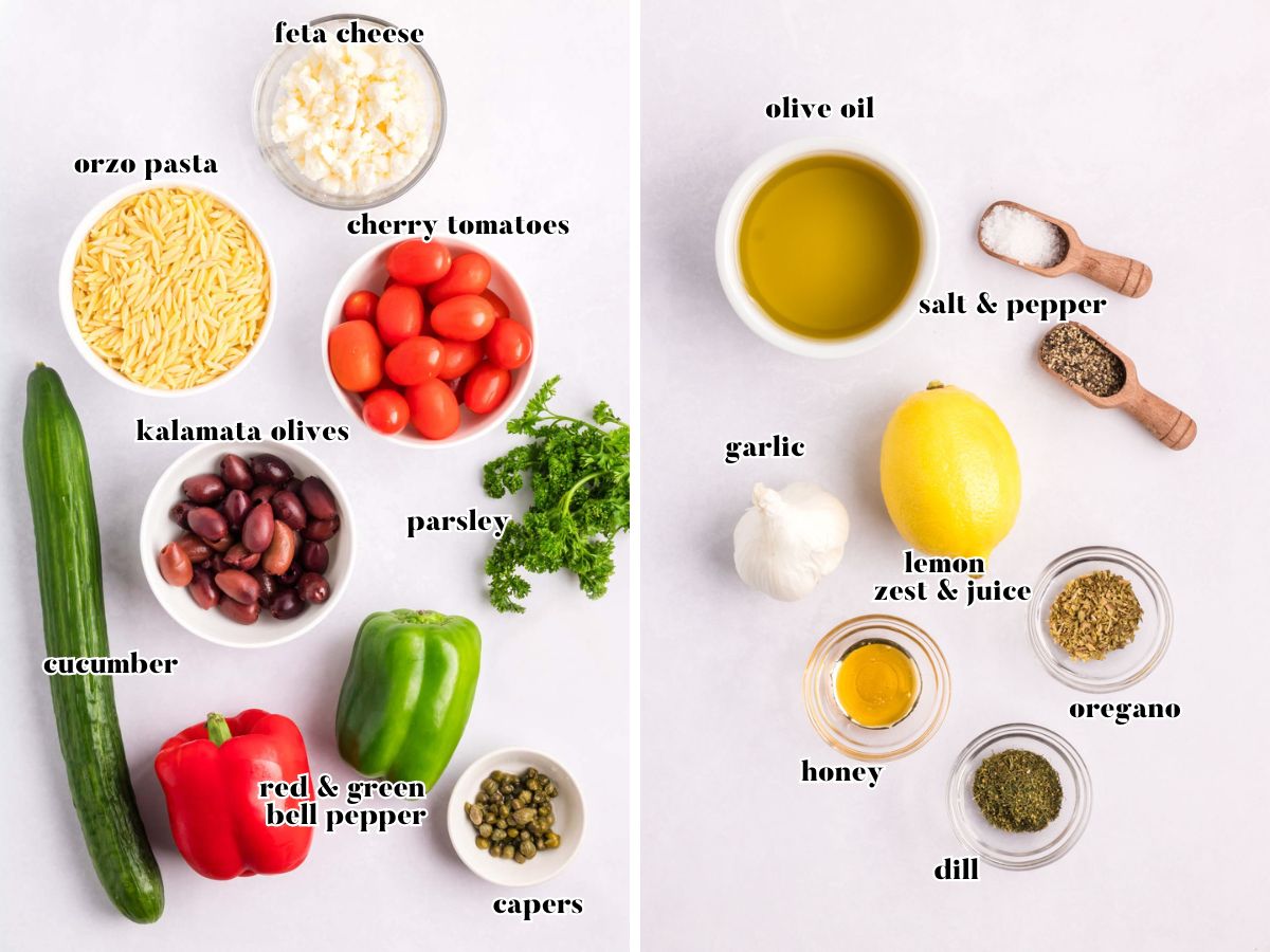 Ingredients needed to make mediterranean orzo salad.
