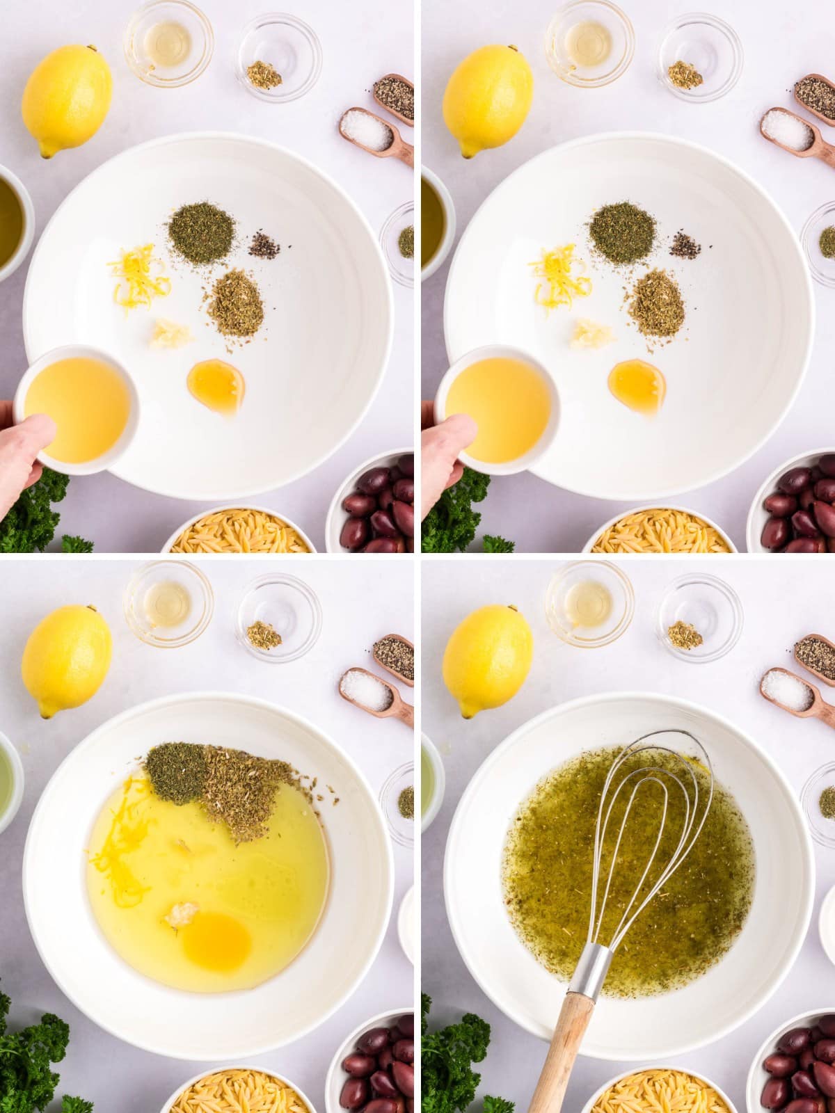 Collage image showing adding lemon vinaigrette ingredients to a large white bowl and whisking to combine.